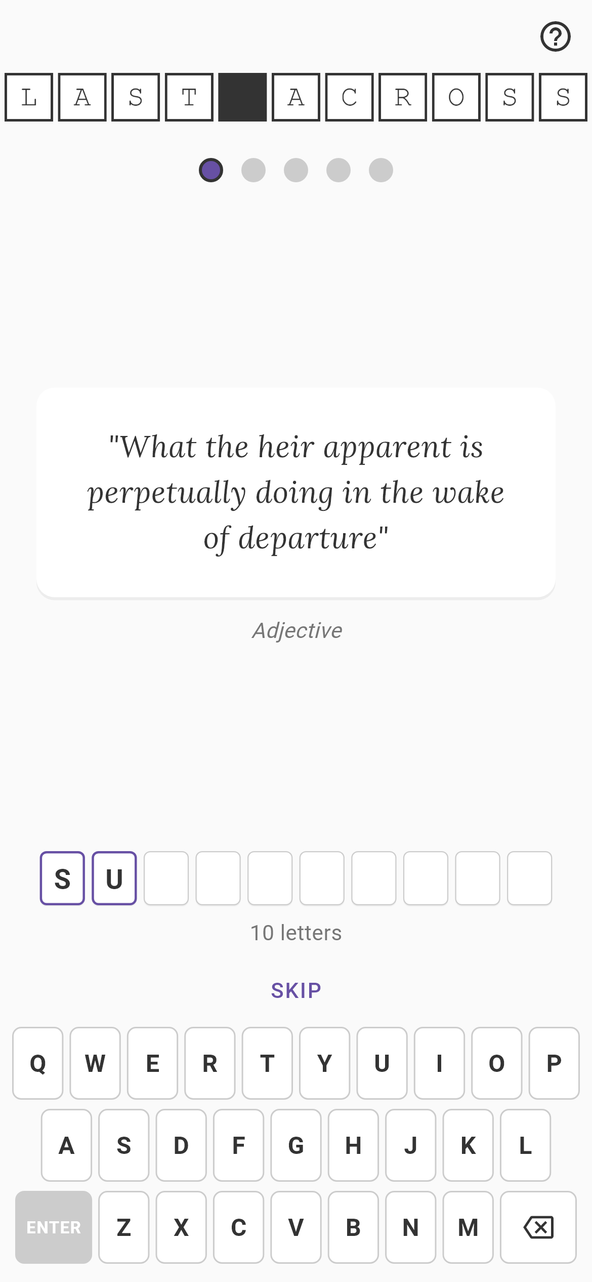 Last Across gameplay screenshot showing a mid-game board with clues and letter grid